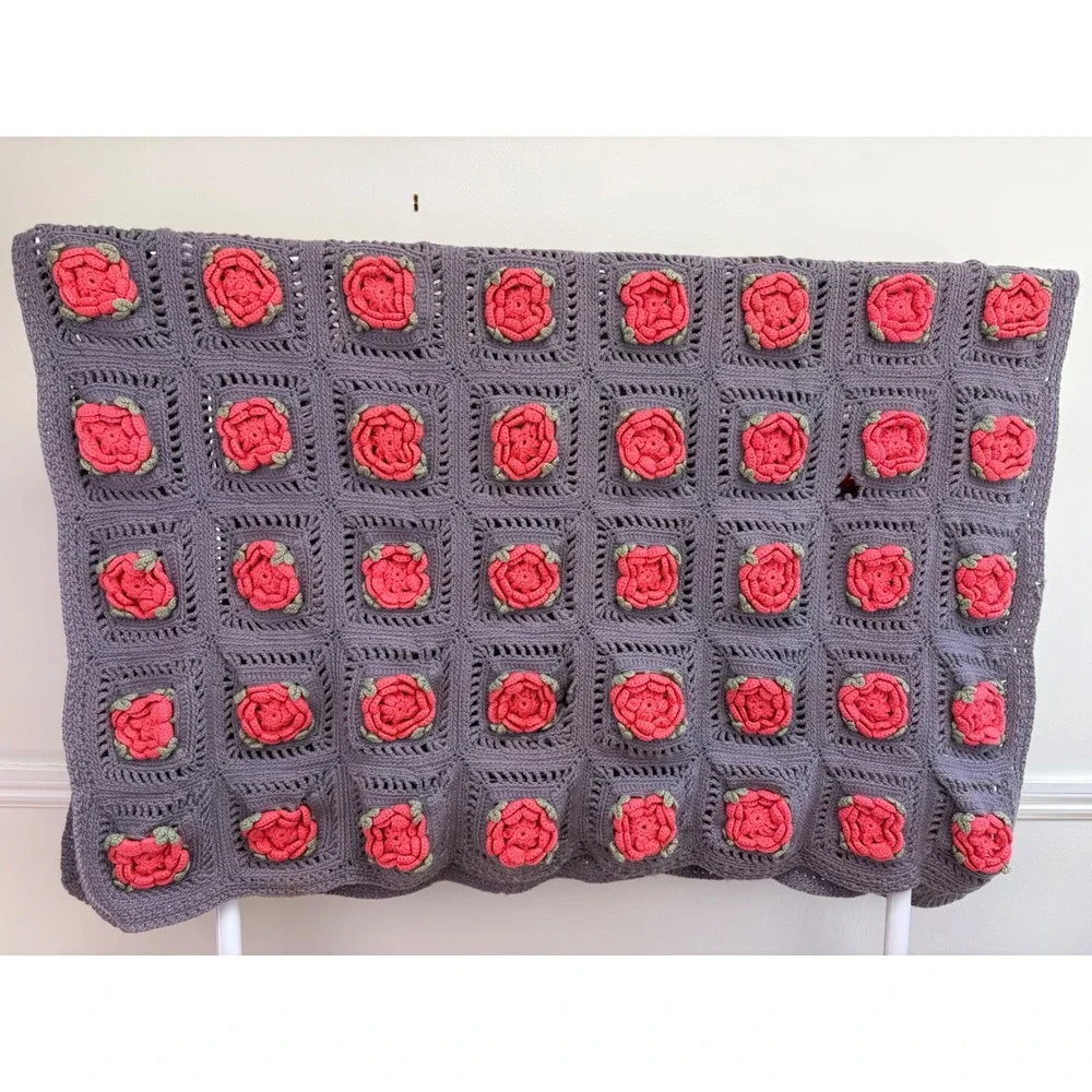 FLAWED Crochet Granny Square Blanket Purple 3D Pink Roses Handmade Cottagecore